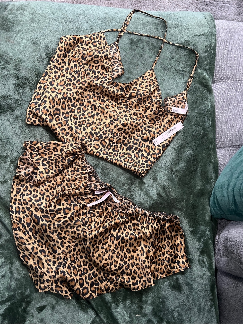 Victoria's Secret Leopard Print Satin Cami & Shorts Pajama Set - Tan & Black